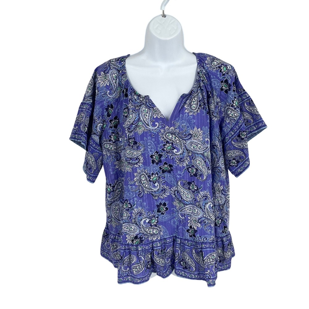 J.Jillโ Peasant Blouse Women M Purple Cotton Paisley Ruffle Boho Flutter Top